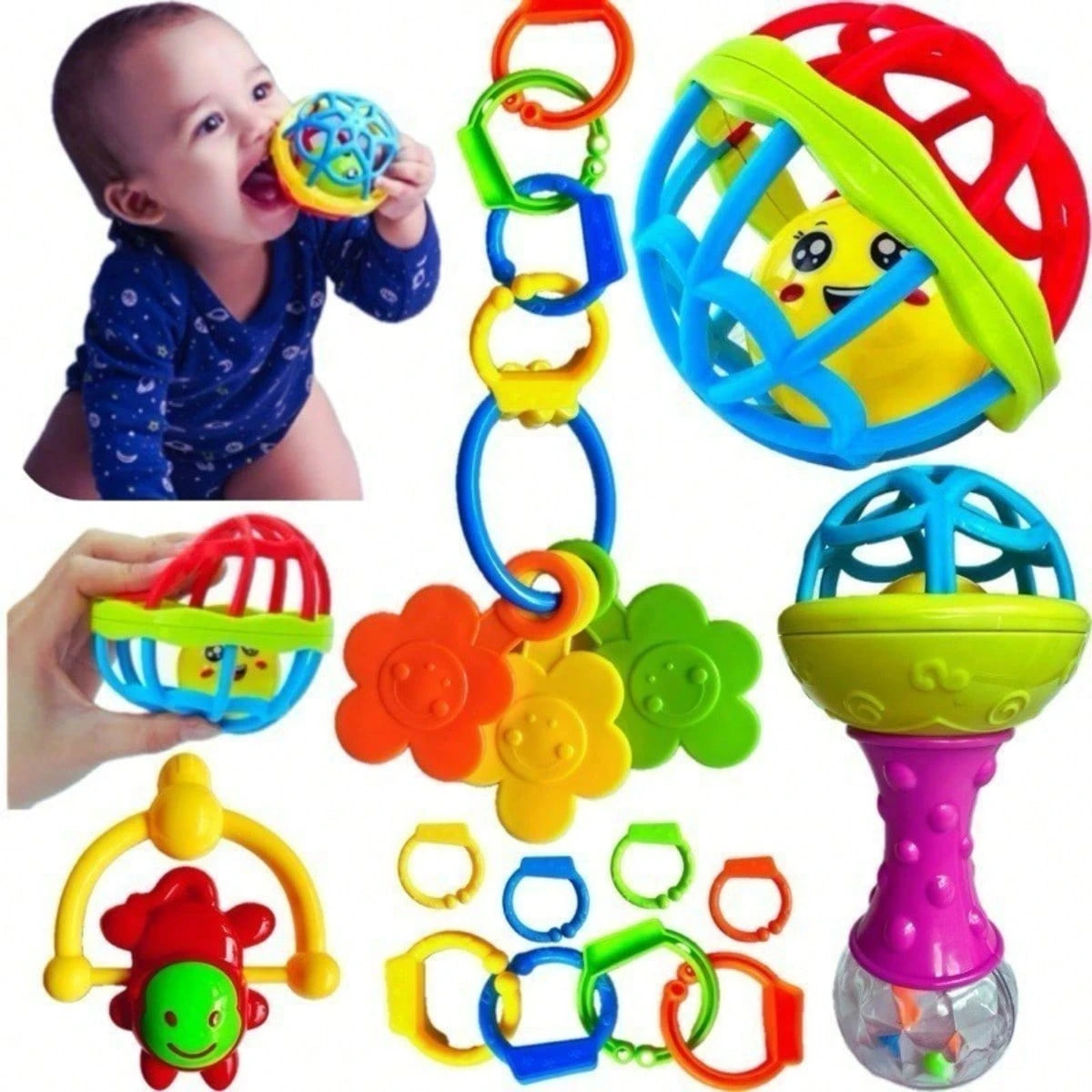 Kit Brinquedos Para Bebê Chocalhos Mordedor Sensorial 5 Peças Brinquedo Infantil Musical Coisas de Bebê Neném Criança Pequena