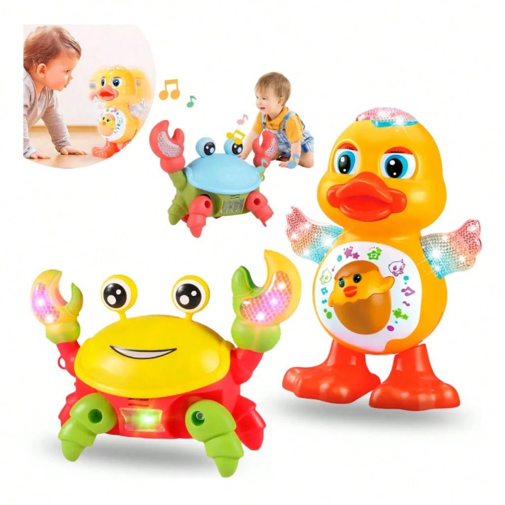 Conjunto de brinquedos musicais com caranguejos e patos, que dançam se movem, têm luzes e sons. Recomendado como presente.