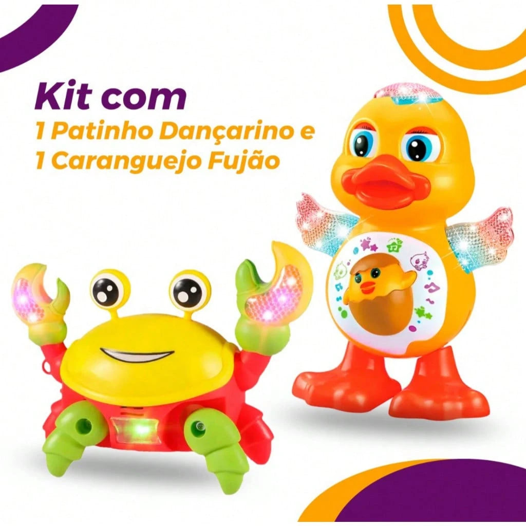 Conjunto de brinquedos musicais com caranguejos e patos, que dançam se movem, têm luzes e sons. Recomendado como presente.
