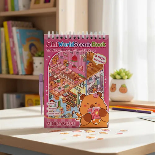 Livro de Cenários Capivaras Fofas Mini, com 6 Folhas de Cenários e 8 Folhas Adesivos com Pinça Kawaii