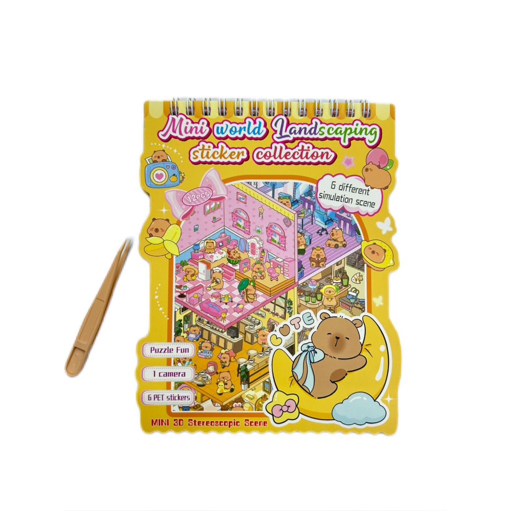 Livro de Cenários Capivaras Fofas Mini, com 6 Folhas de Cenários e 8 Folhas Adesivos com Pinça Kawaii