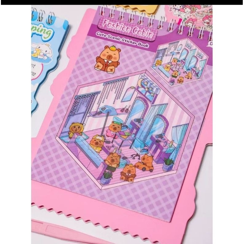 Livro de Cenários Capivaras Fofas Mini, com 6 Folhas de Cenários e 8 Folhas Adesivos com Pinça Kawaii