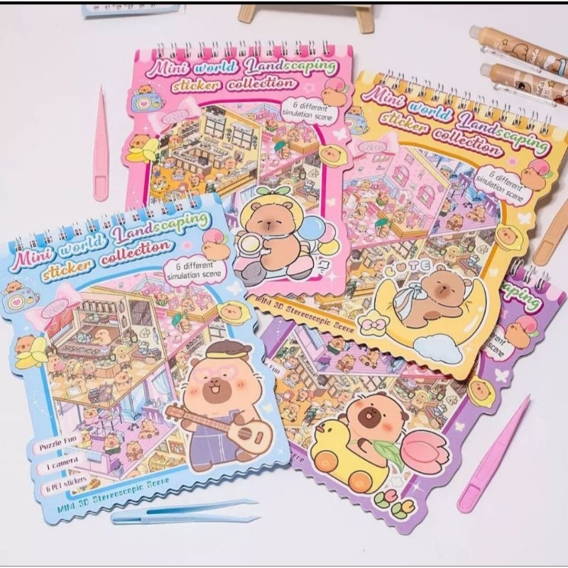 Livro de Cenários Capivaras Fofas Mini, com 6 Folhas de Cenários e 8 Folhas Adesivos com Pinça Kawaii