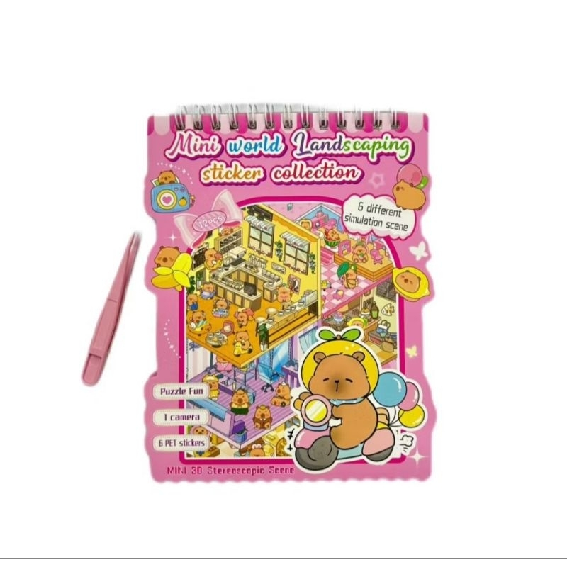 Livro de Cenários Capivaras Fofas Mini, com 6 Folhas de Cenários e 8 Folhas Adesivos com Pinça Kawaii