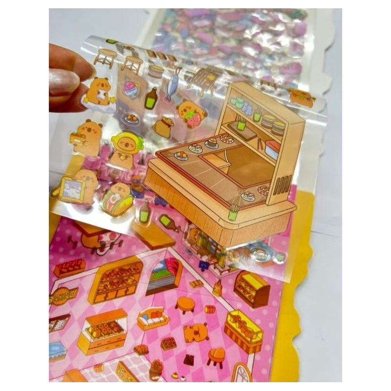 Livro de Cenários Capivaras Fofas Mini, com 6 Folhas de Cenários e 8 Folhas Adesivos com Pinça Kawaii