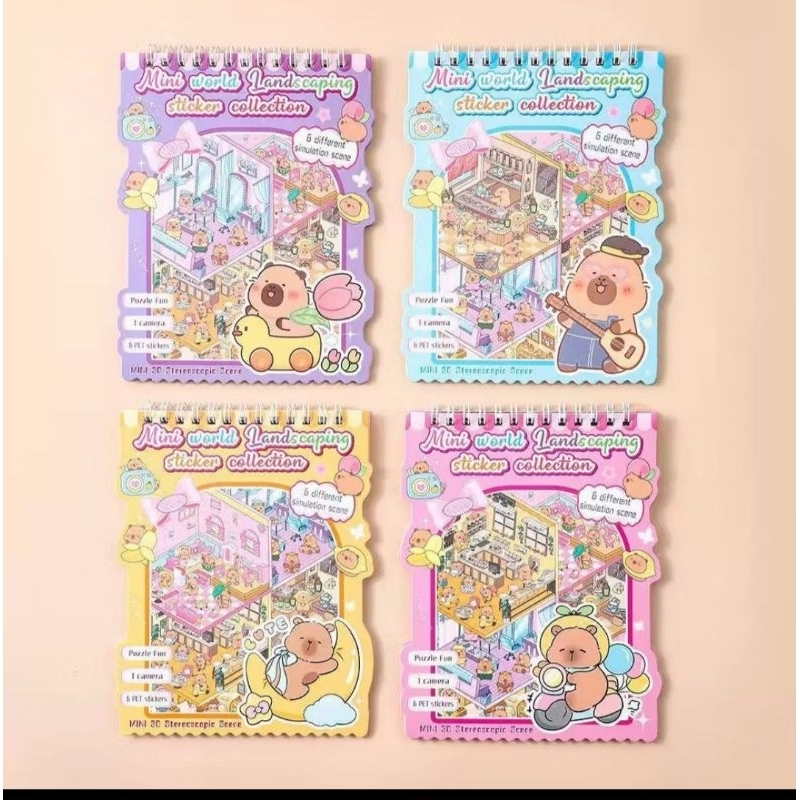 Livro de Cenários Capivaras Fofas Mini, com 6 Folhas de Cenários e 8 Folhas Adesivos com Pinça Kawaii