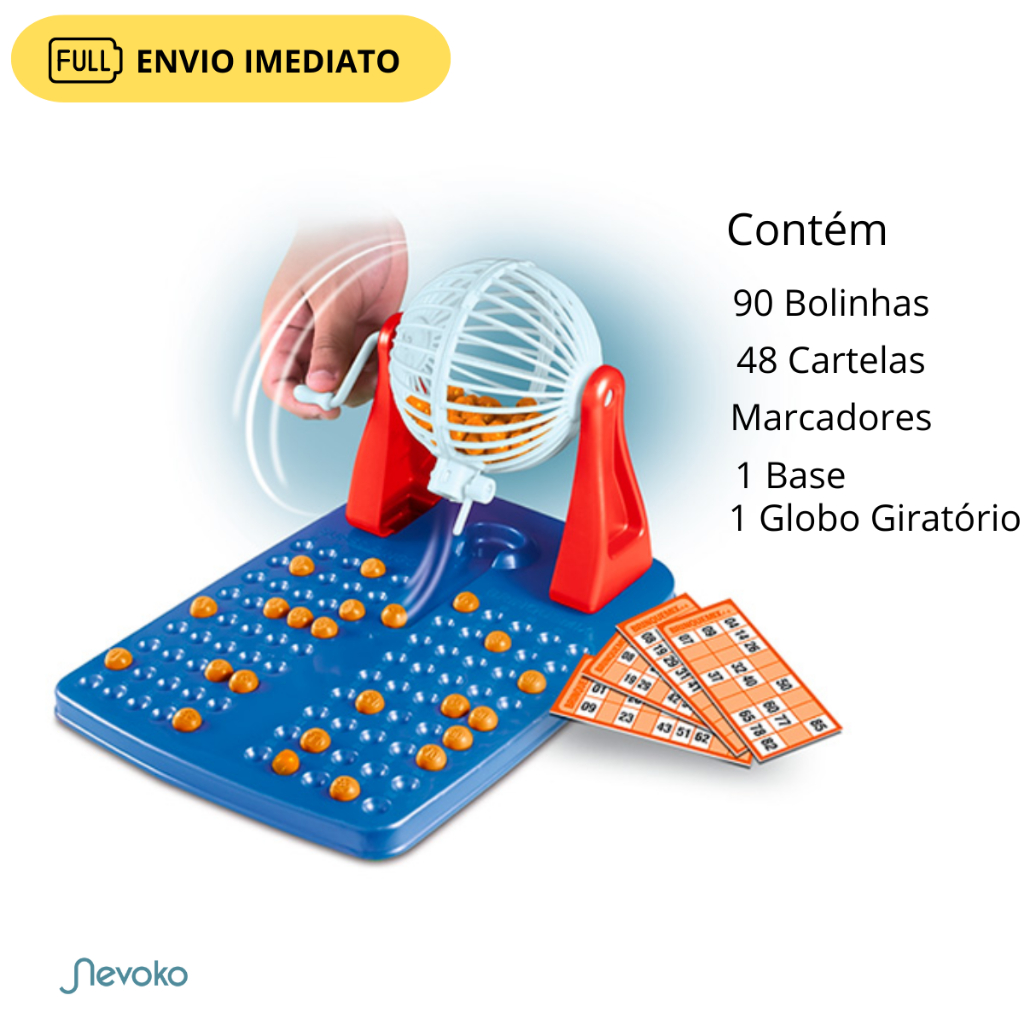 BRINQUEDO INFANTIL BINGO 48 CARTELAS + 90 BOLINHAS GLOBO GIRATÓRIO JOGO COMPLETO