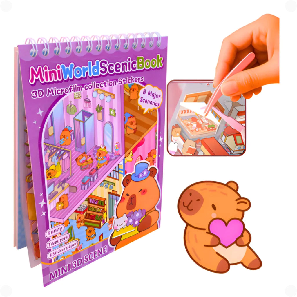 Livro de Cenários Capivaras Fofas Mini, com 6 Folhas de Cenários e 8 Folhas Adesivos com Pinça Kawaii