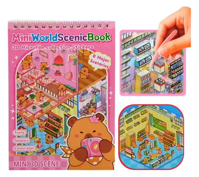 Livro de Cenários Capivaras Fofas Mini, com 6 Folhas de Cenários e 8 Folhas Adesivos com Pinça Kawaii