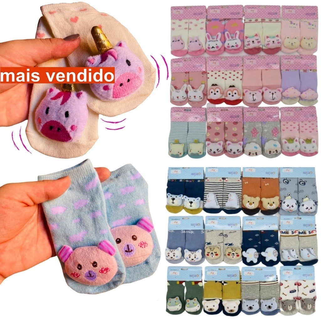 Kit 03 ou 06 Pares Meia Infantil 3D com Chocalho de Bichinho Fofinha Bebê 0 a 24 meses - Menino e Menina