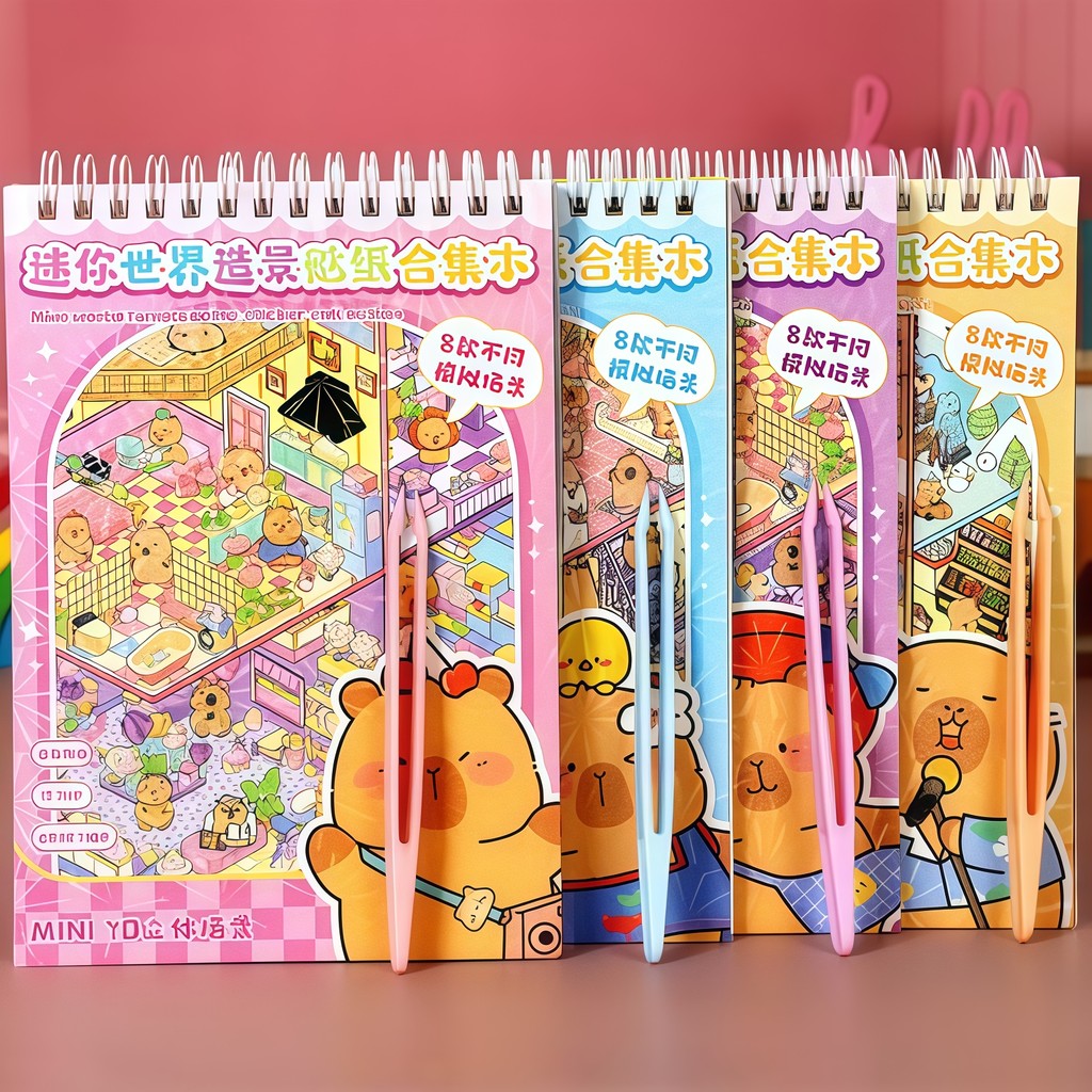 Livro de Cenários Capivaras Fofas Mini, com 6 Folhas de Cenários e 8 Folhas Adesivos com Pinça Kawaii