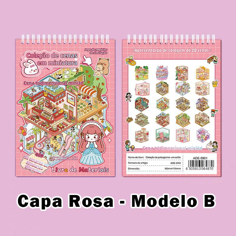 Caderno De Adesivos 3D De Microcenas – 20 Cenas Diversas, 40 Páginas | DIY Relaxante & Educativo