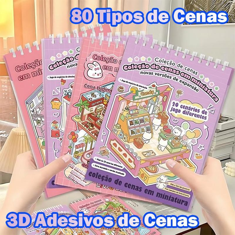 Caderno De Adesivos 3D De Microcenas – 20 Cenas Diversas, 40 Páginas | DIY Relaxante & Educativo