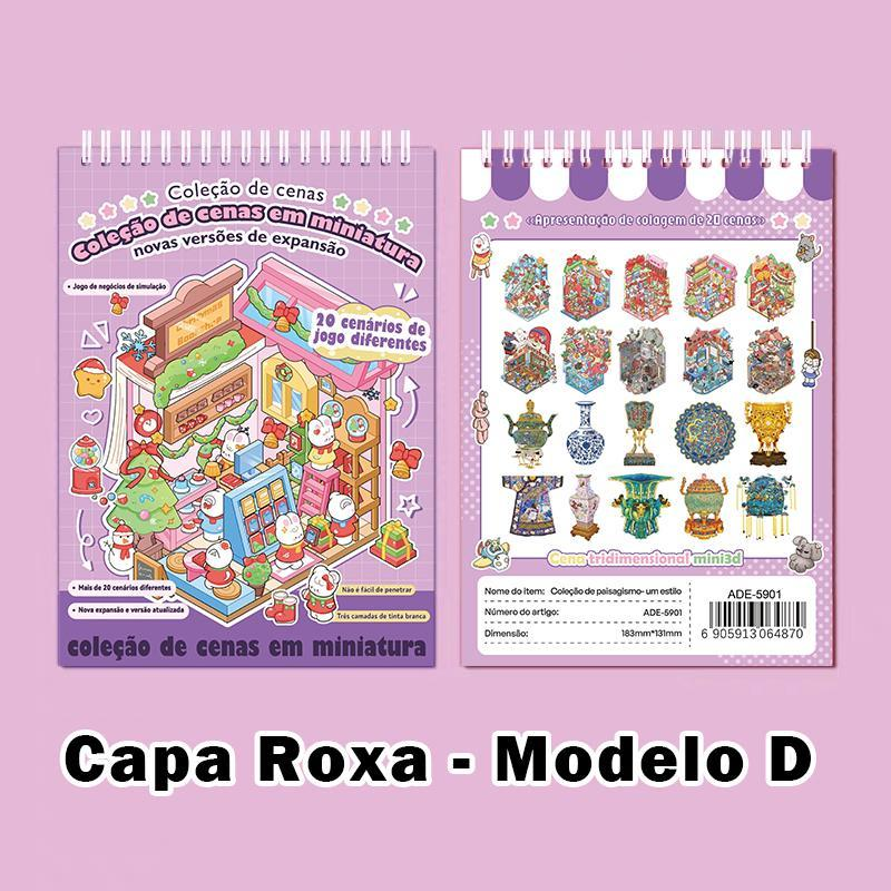 Caderno De Adesivos 3D De Microcenas – 20 Cenas Diversas, 40 Páginas | DIY Relaxante & Educativo