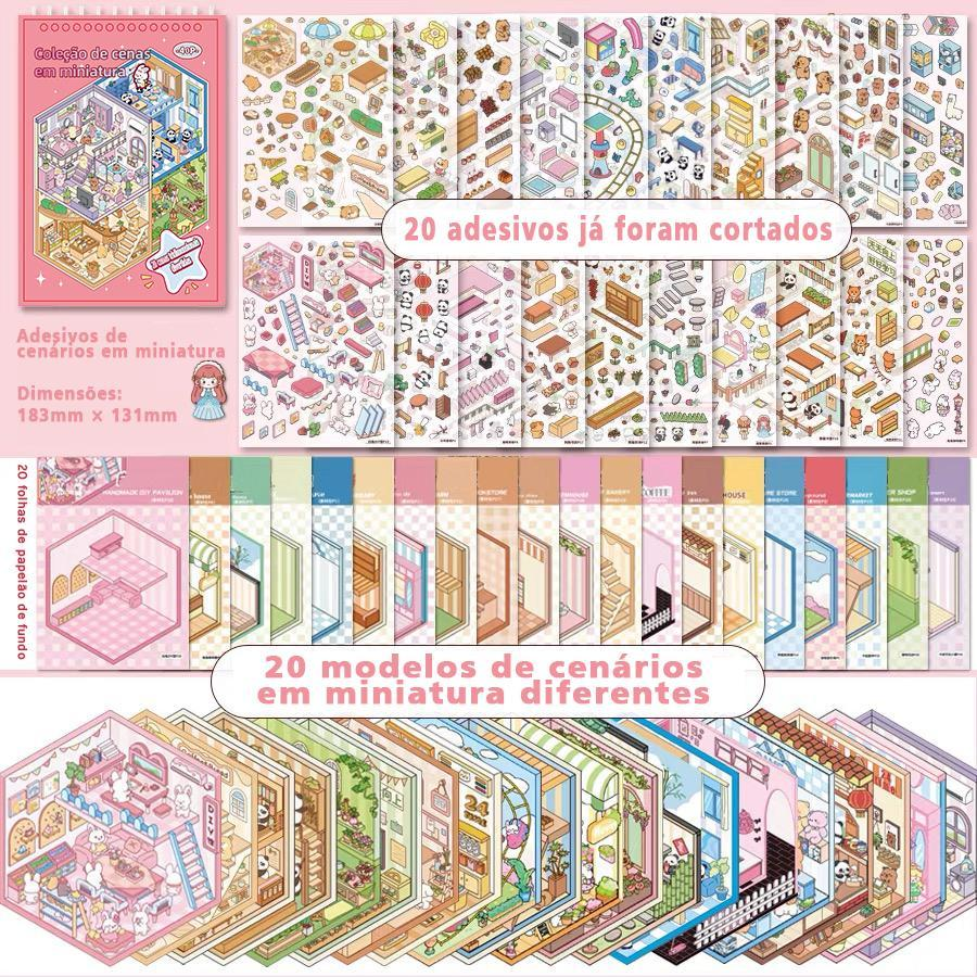 Caderno De Adesivos 3D De Microcenas – 20 Cenas Diversas, 40 Páginas | DIY Relaxante & Educativo