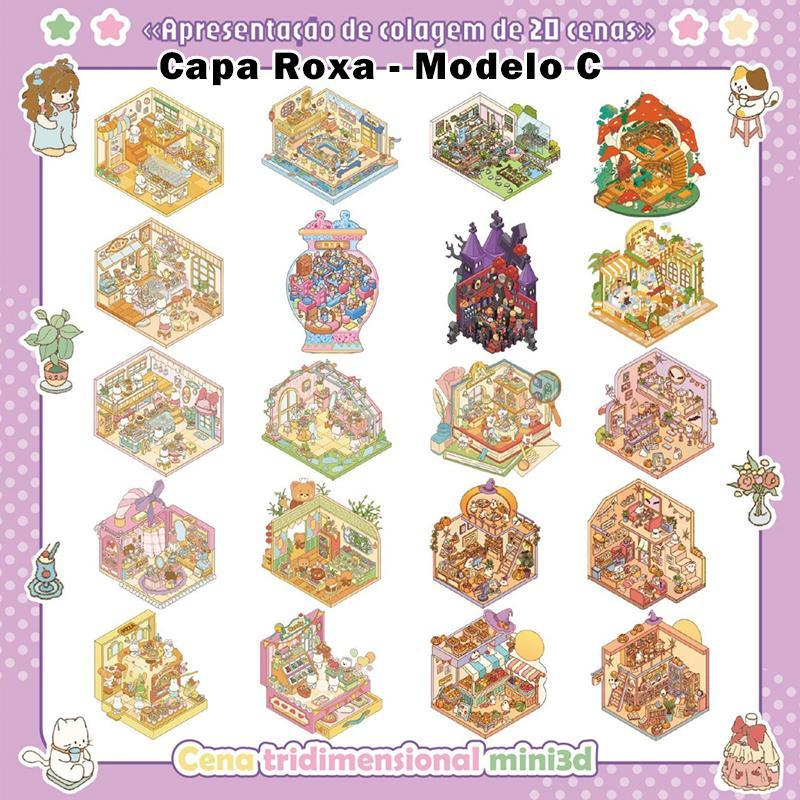 Caderno De Adesivos 3D De Microcenas – 20 Cenas Diversas, 40 Páginas | DIY Relaxante & Educativo