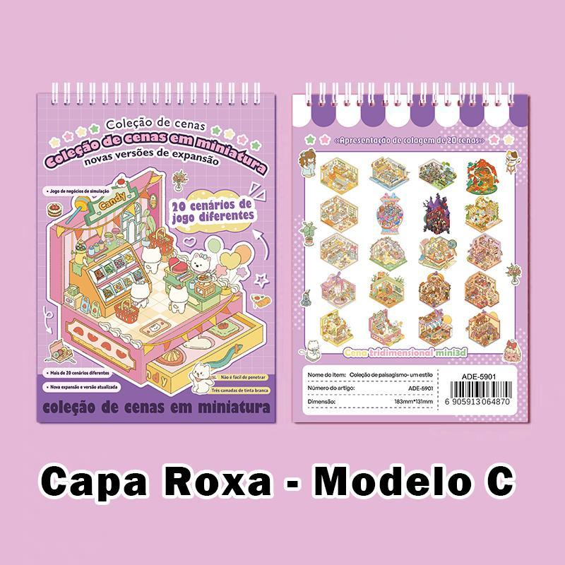 Caderno De Adesivos 3D De Microcenas – 20 Cenas Diversas, 40 Páginas | DIY Relaxante & Educativo